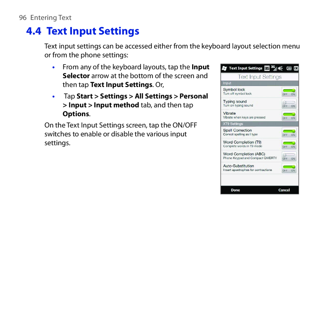 HTC Diamond2 user manual Text Input Settings 