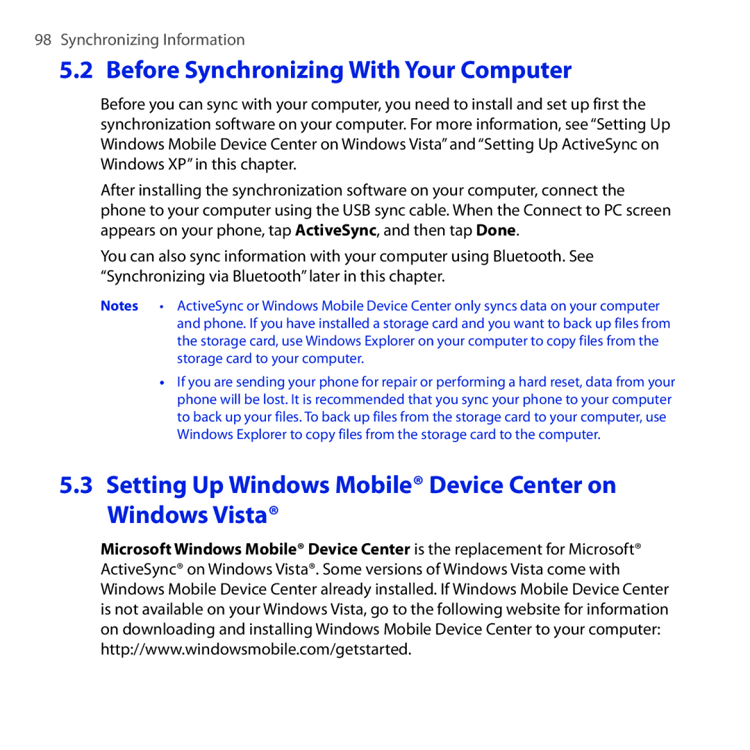 HTC Diamond2 user manual Before Synchronizing With Your Computer, Setting Up Windows Mobile Device Center on Windows Vista 