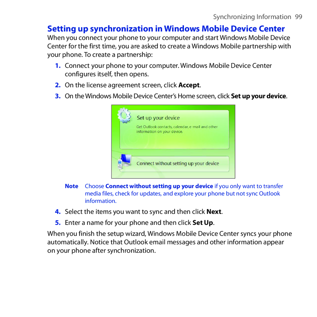 HTC Diamond2 user manual Setting up synchronization in Windows Mobile Device Center 