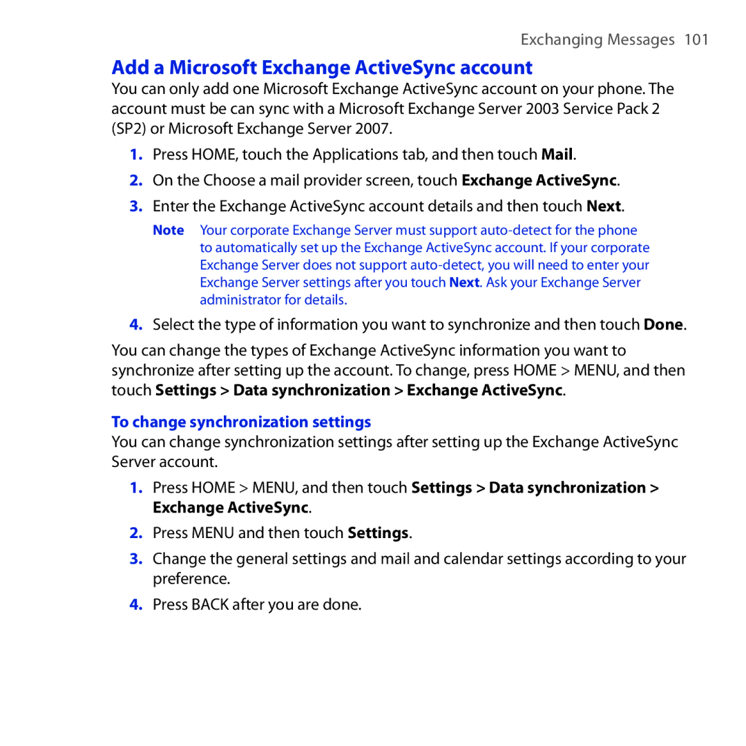 HTC DREA160 user manual Add a Microsoft Exchange ActiveSync account, To change synchronization settings 