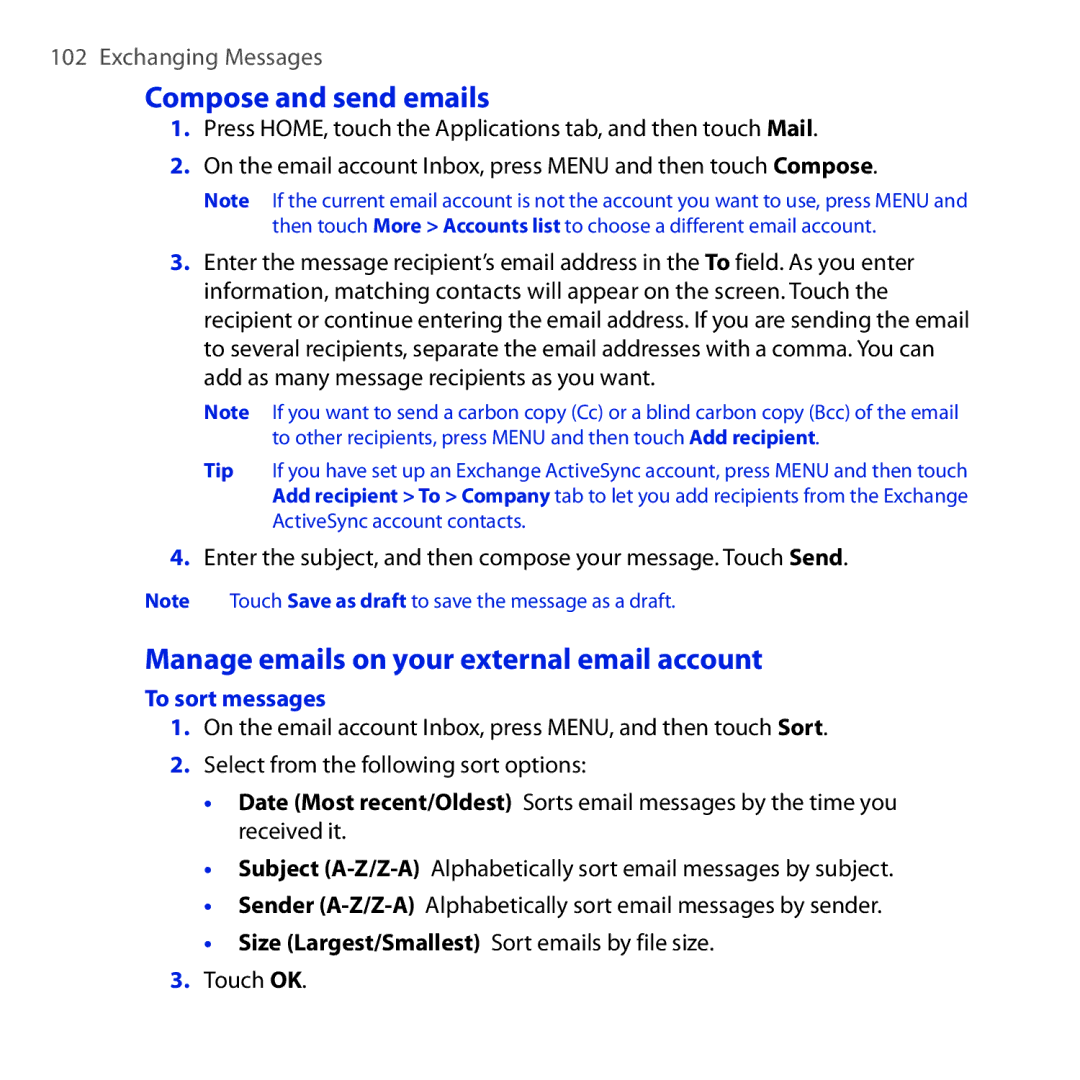 HTC DREA160 user manual Compose and send emails, Manage emails on your external email account, To sort messages 