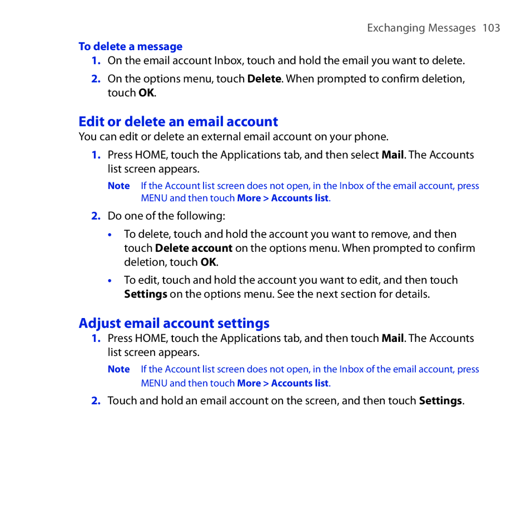 HTC DREA160 user manual Edit or delete an email account, Adjust email account settings, To delete a message 