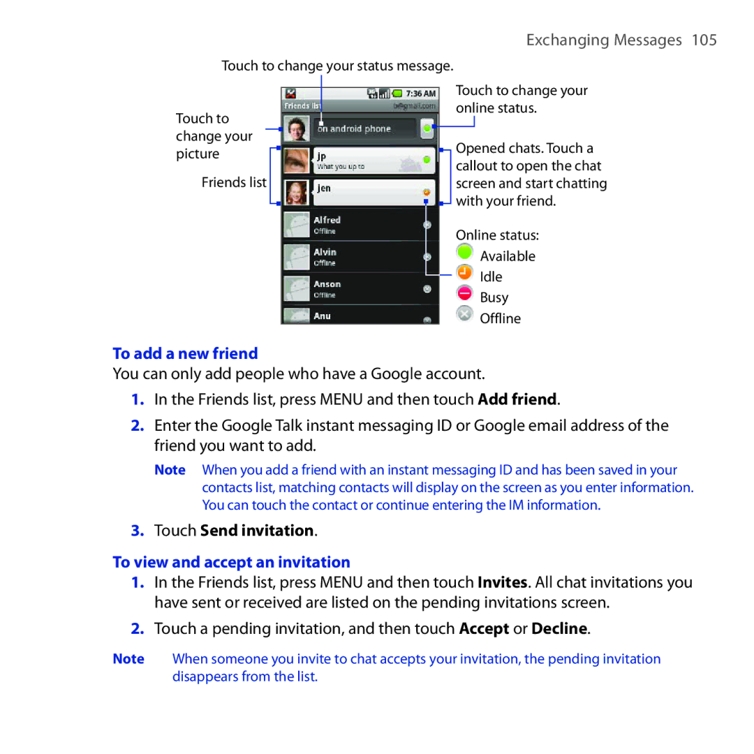 HTC DREA160 user manual To add a new friend, Touch Send invitation, To view and accept an invitation 