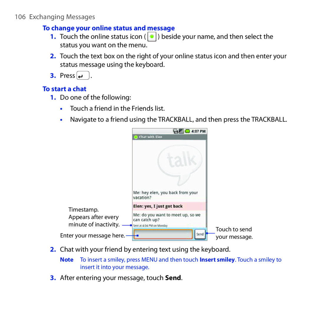 HTC DREA160 user manual To change your online status and message, To start a chat 