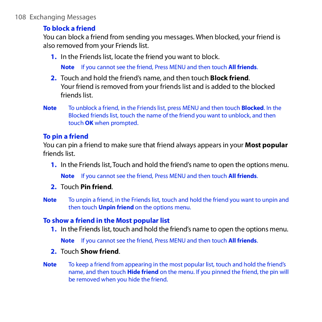 HTC DREA160 user manual To block a friend, To pin a friend, Touch Pin friend, To show a friend in the Most popular list 