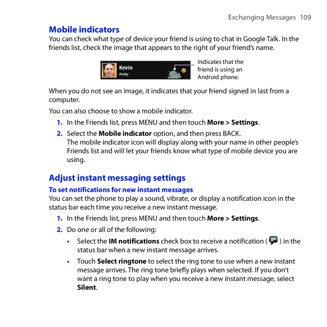 HTC DREA160 user manual Mobile indicators, Adjust instant messaging settings, To set notifications for new instant messages 