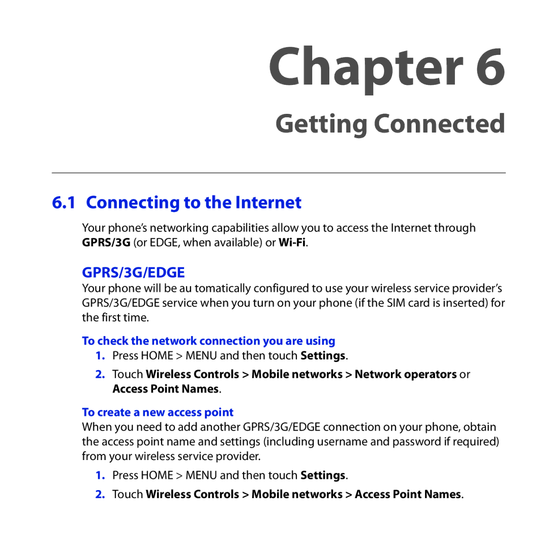 HTC DREA160 Connecting to the Internet, To check the network connection you are using, To create a new access point 