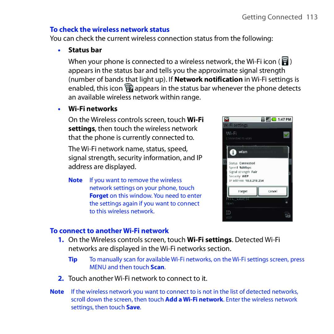 HTC DREA160 To check the wireless network status, Status bar, Wi-Fi networks, To connect to another Wi-Fi network 