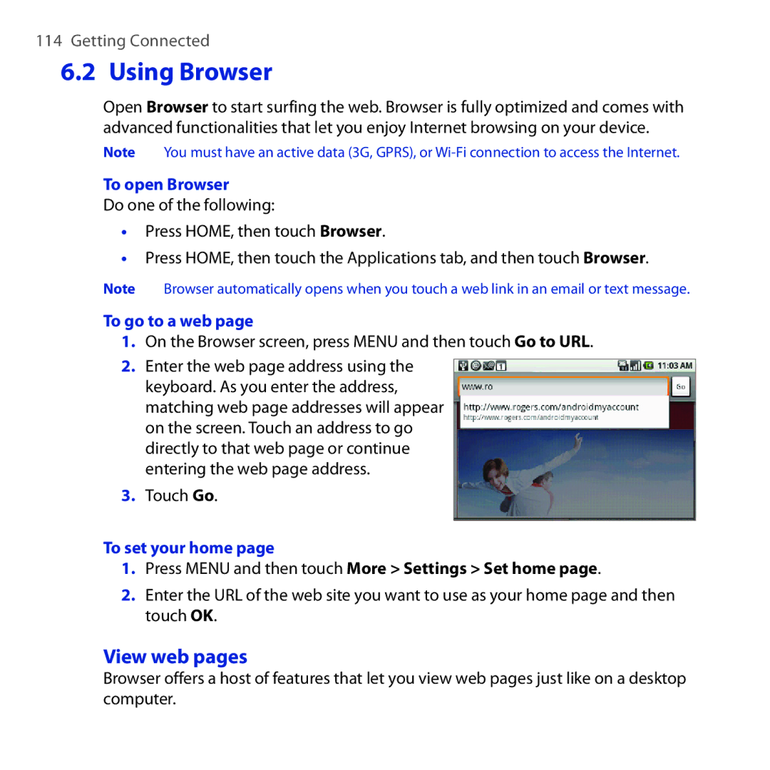HTC DREA160 user manual Using Browser, View web pages, To open Browser, To go to a web, To set your home 