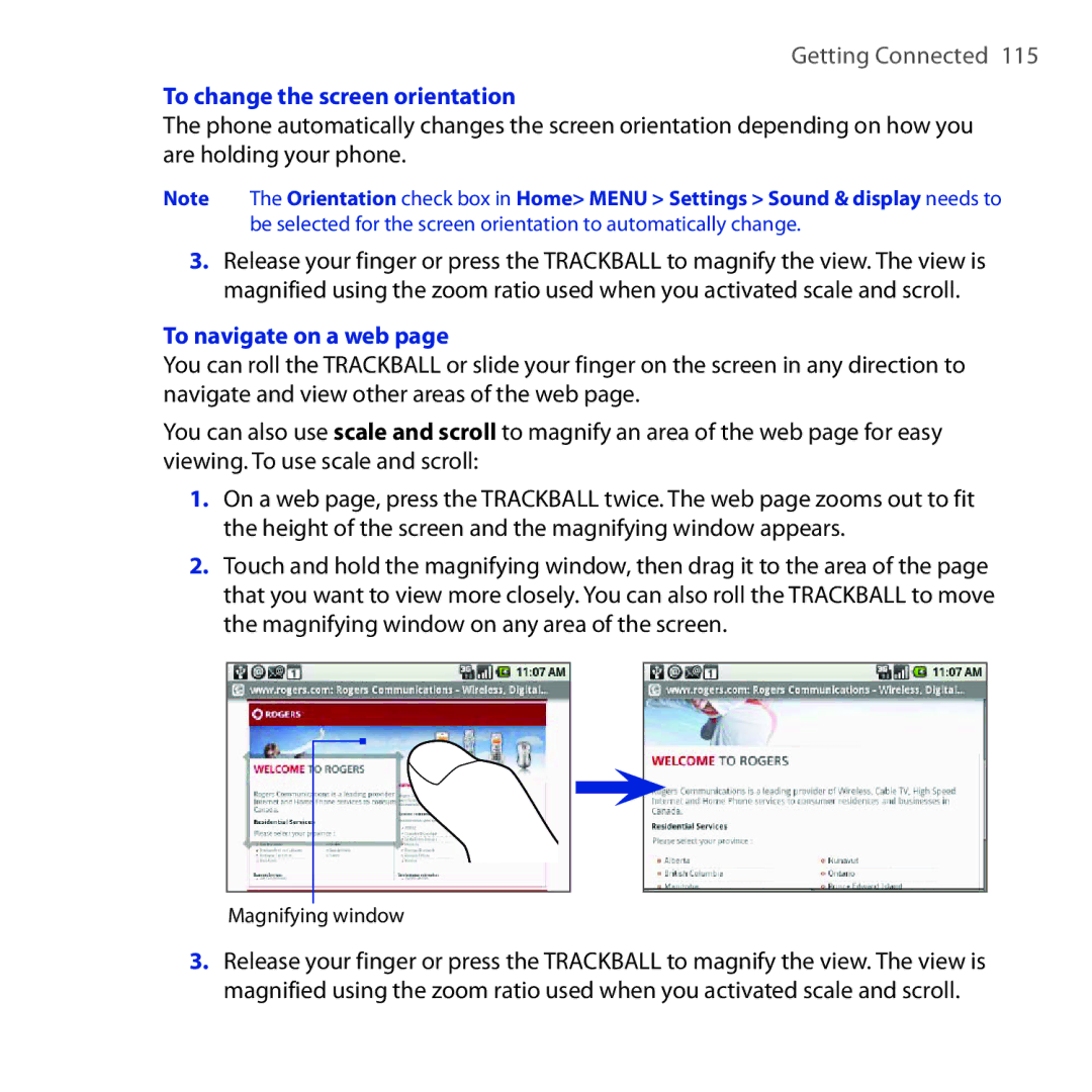 HTC DREA160 user manual To change the screen orientation, To navigate on a web 