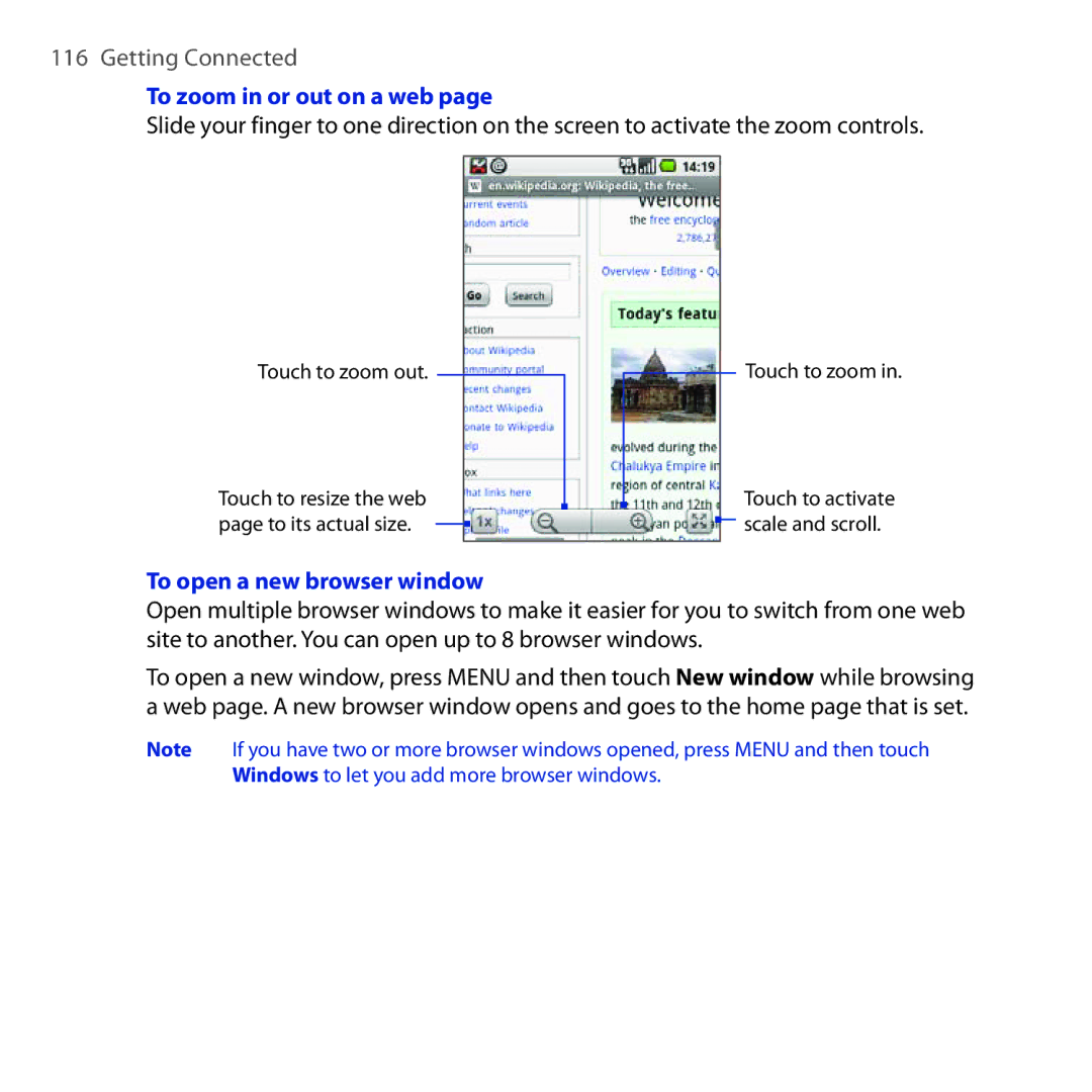 HTC DREA160 user manual To zoom in or out on a web, To open a new browser window 