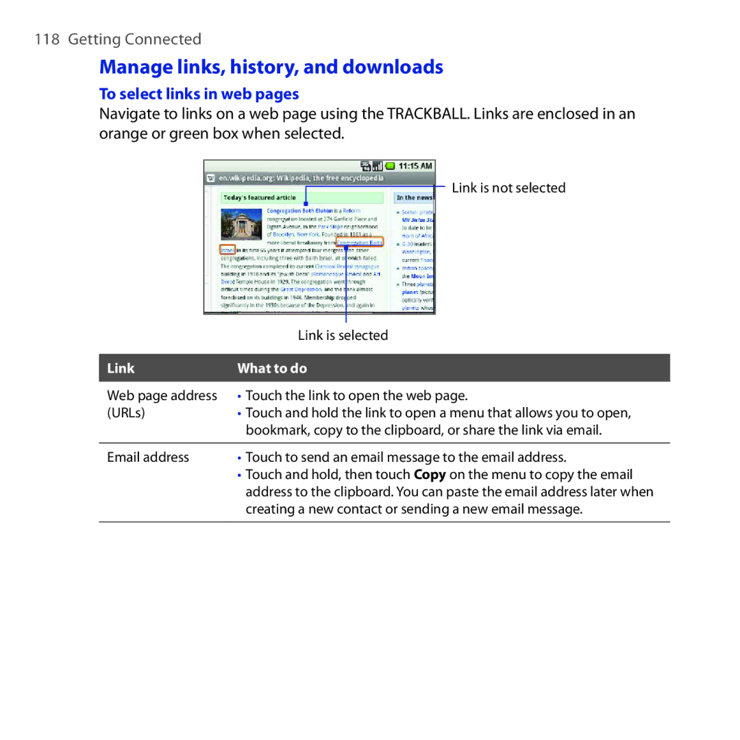 HTC DREA160 user manual Manage links, history, and downloads, To select links in web pages 