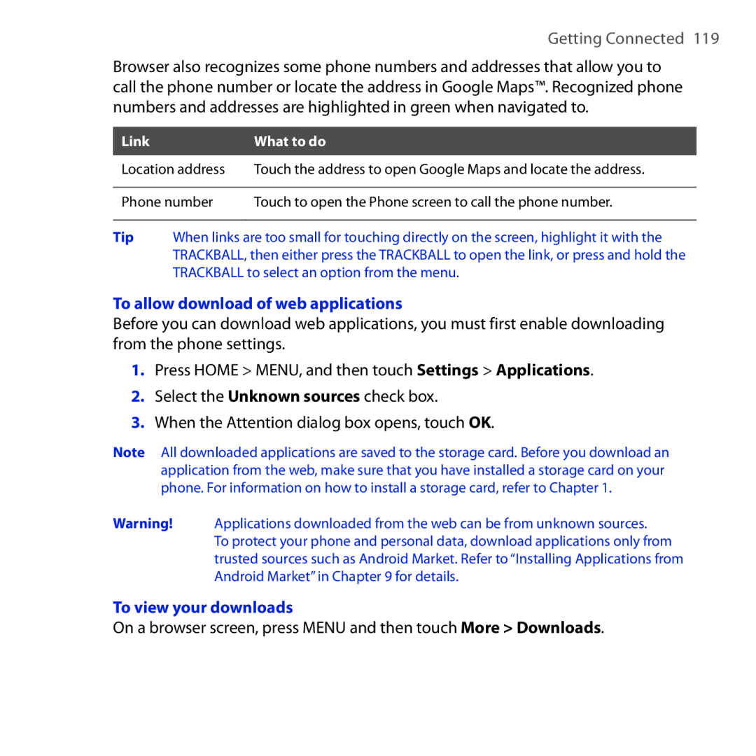 HTC DREA160 user manual To allow download of web applications, To view your downloads 