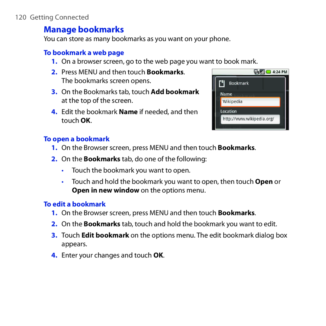 HTC DREA160 user manual Manage bookmarks, You can store as many bookmarks as you want on your phone, To bookmark a web 