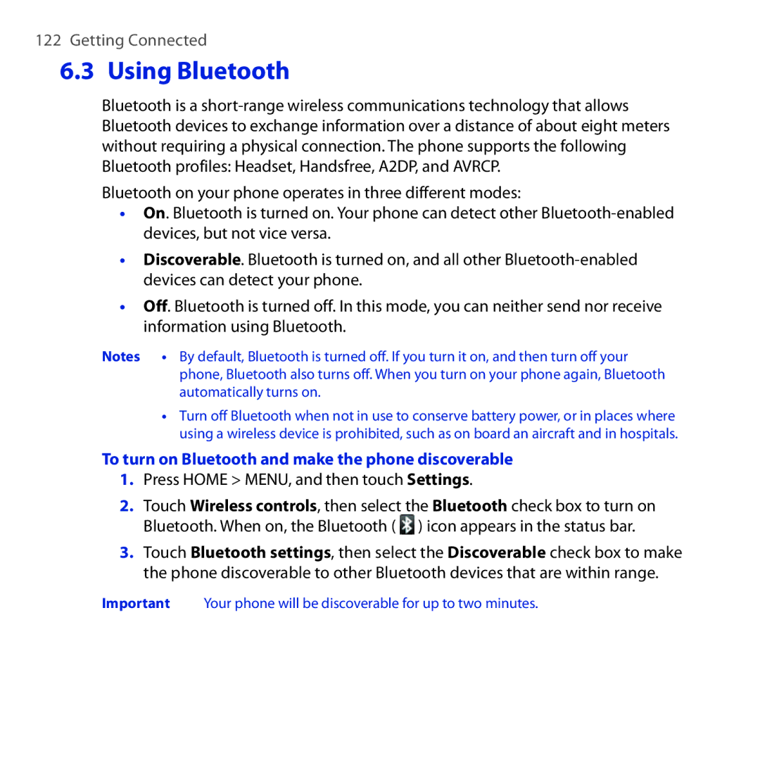 HTC DREA160 user manual Using Bluetooth, To turn on Bluetooth and make the phone discoverable 