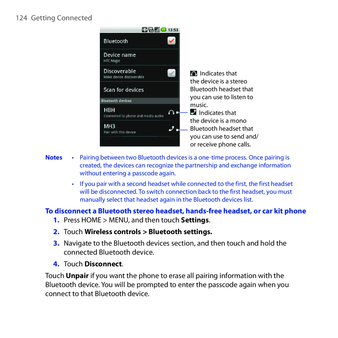 HTC DREA160 user manual Touch Wireless controls Bluetooth settings, Touch Disconnect 
