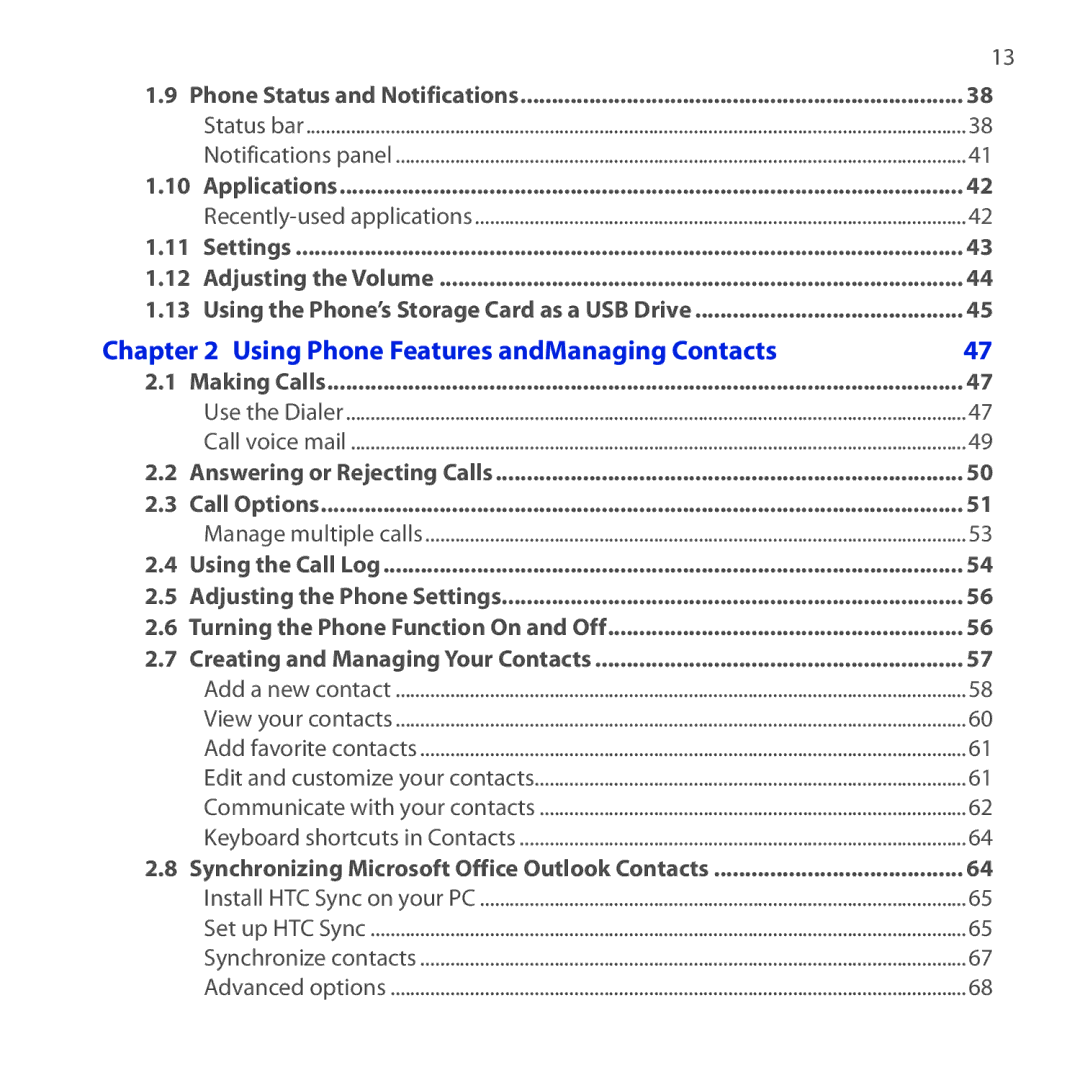 HTC DREA160 user manual Using Phone Features andManaging Contacts 