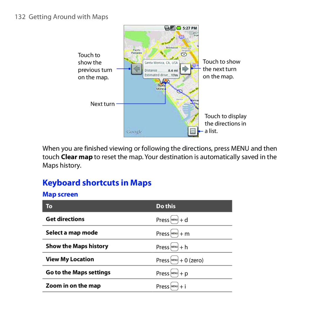 HTC DREA160 user manual Keyboard shortcuts in Maps, Map screen 