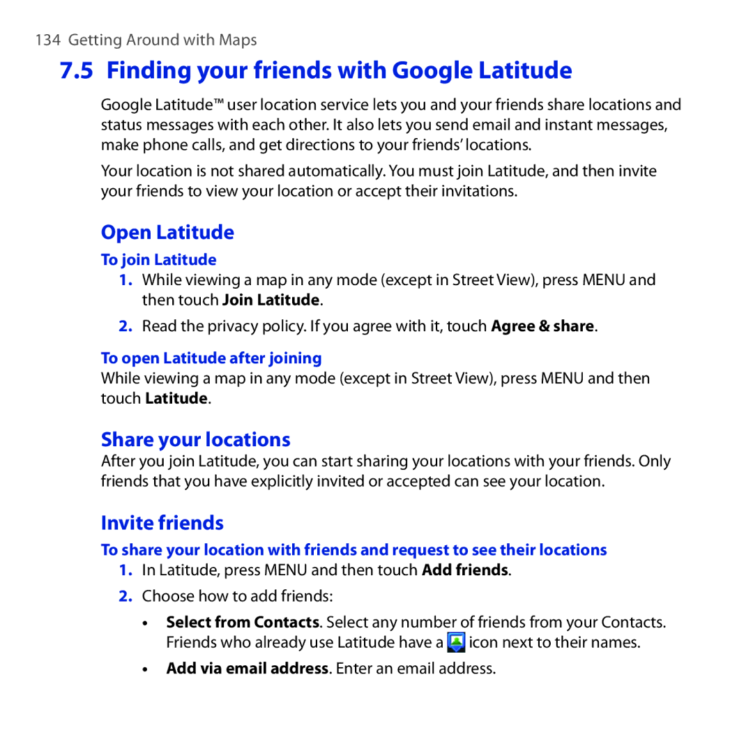 HTC DREA160 user manual Finding your friends with Google Latitude, Open Latitude, Share your locations, Invite friends 