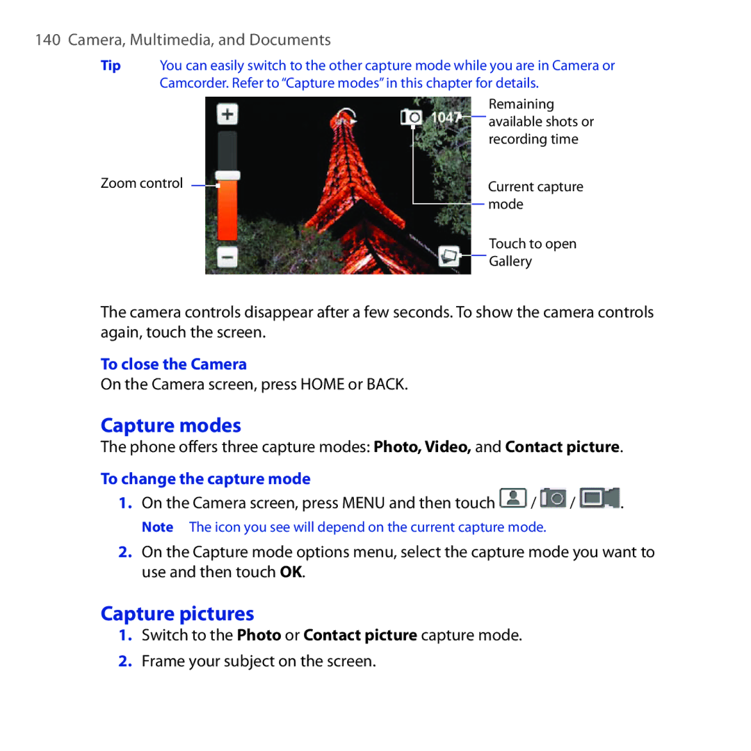 HTC DREA160 user manual Capture modes, Capture pictures, To close the Camera, On the Camera screen, press Home or Back 