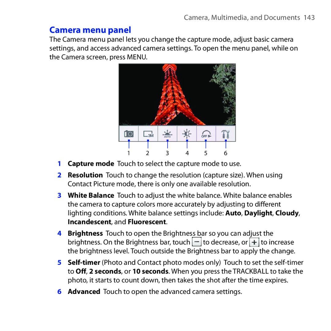 HTC DREA160 user manual Camera menu panel, Advanced Touch to open the advanced camera settings 