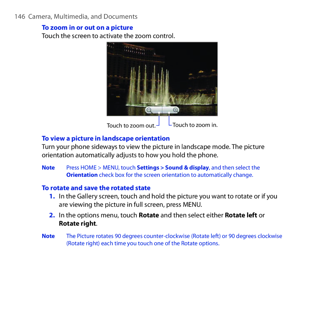 HTC DREA160 user manual To zoom in or out on a picture, Touch the screen to activate the zoom control 