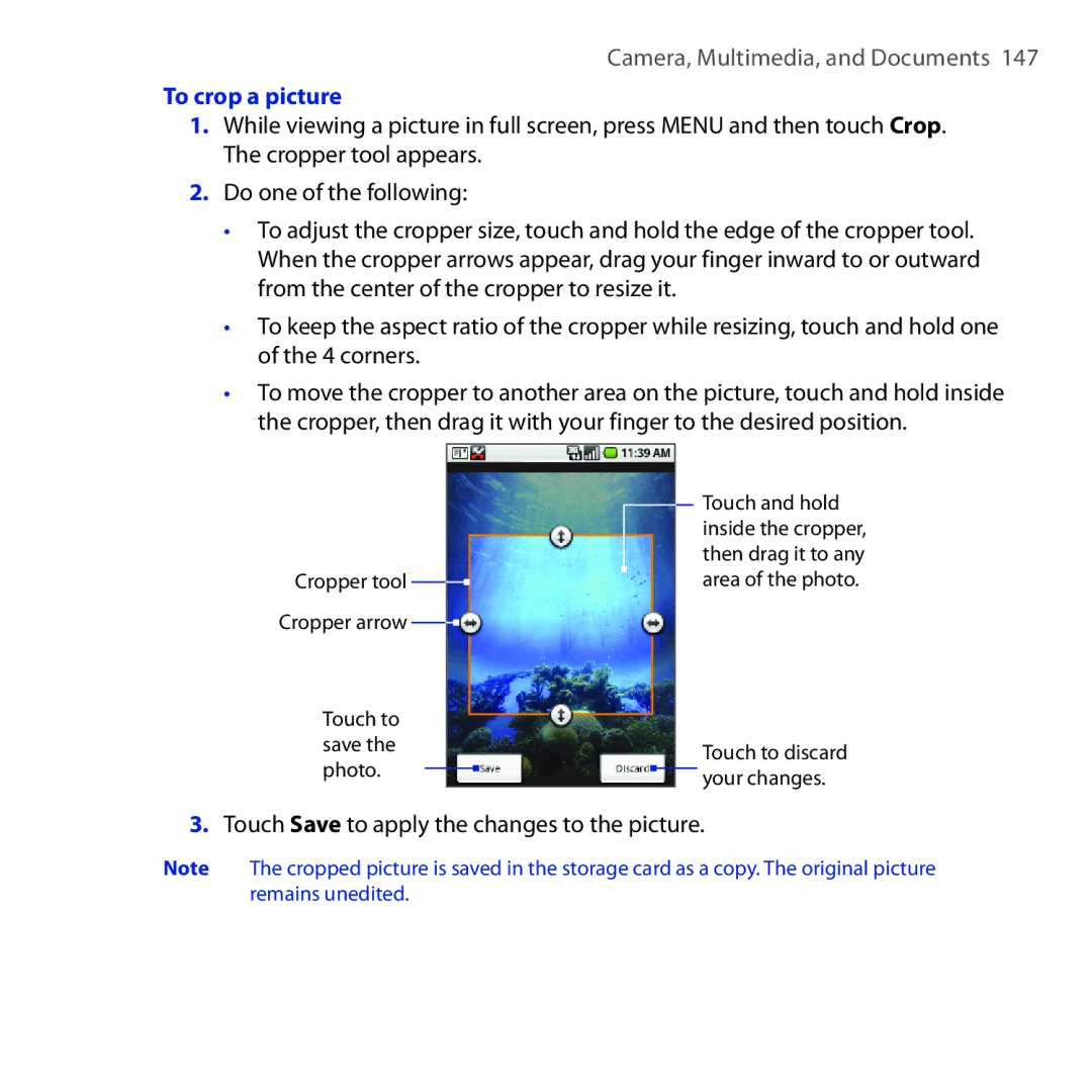 HTC DREA160 user manual To crop a picture, Touch Save to apply the changes to the picture 