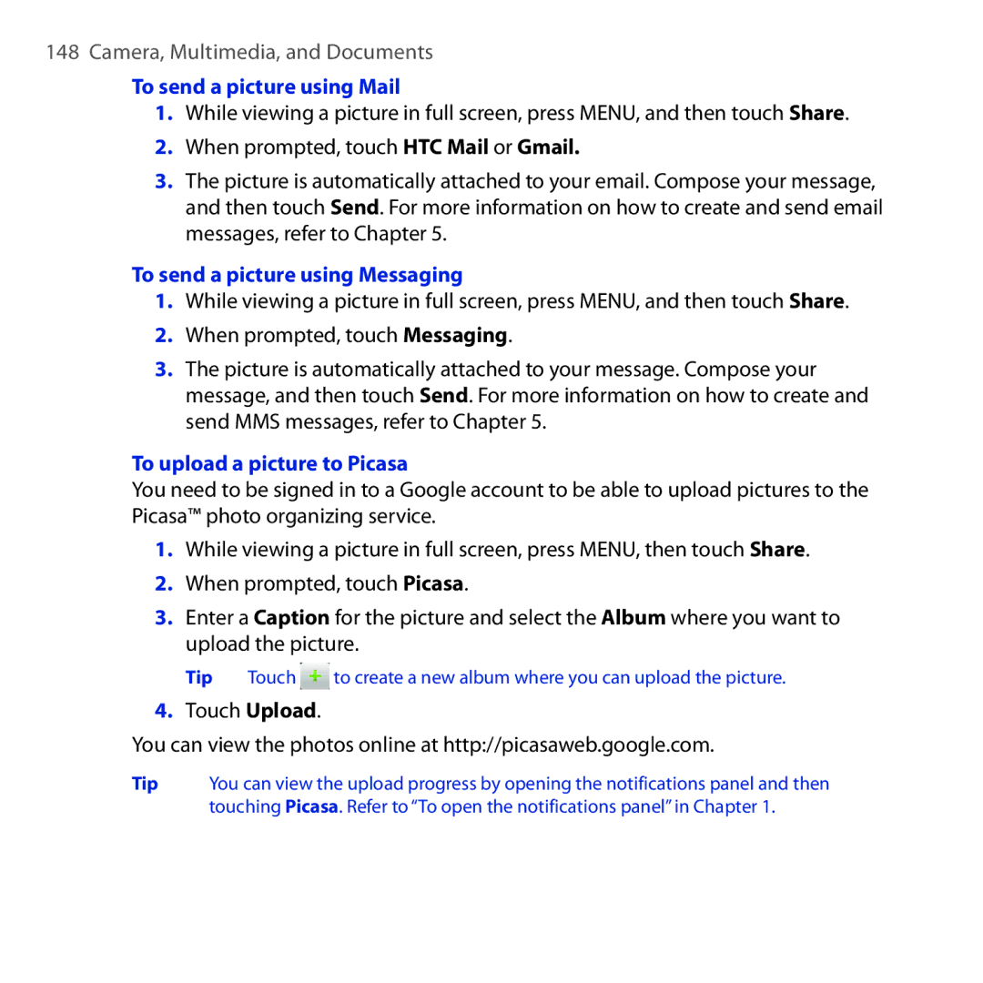 HTC DREA160 user manual To send a picture using Mail, To send a picture using Messaging, To upload a picture to Picasa 