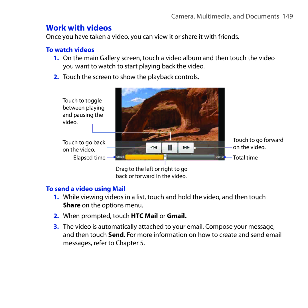 HTC DREA160 user manual Work with videos, To watch videos, To send a video using Mail 