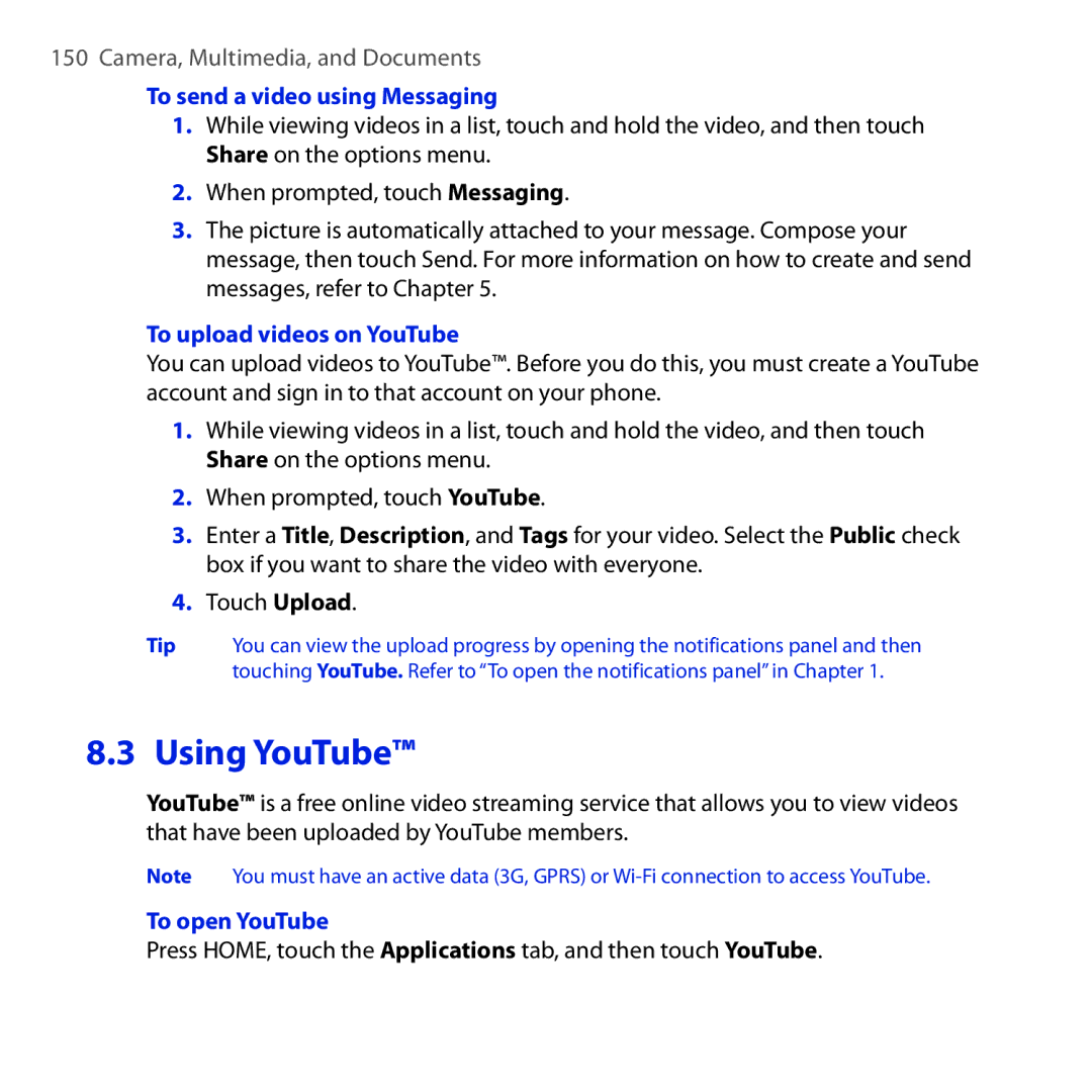 HTC DREA160 user manual Using YouTube, To send a video using Messaging, To upload videos on YouTube, To open YouTube 