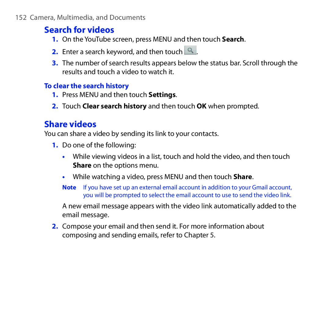 HTC DREA160 user manual Search for videos, Share videos, To clear the search history 