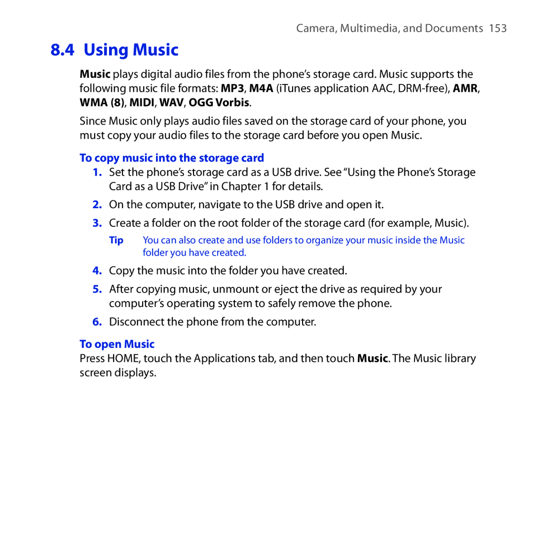 HTC DREA160 user manual Using Music, To copy music into the storage card, To open Music 