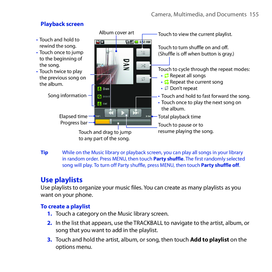 HTC DREA160 user manual Use playlists, Playback screen, To create a playlist 