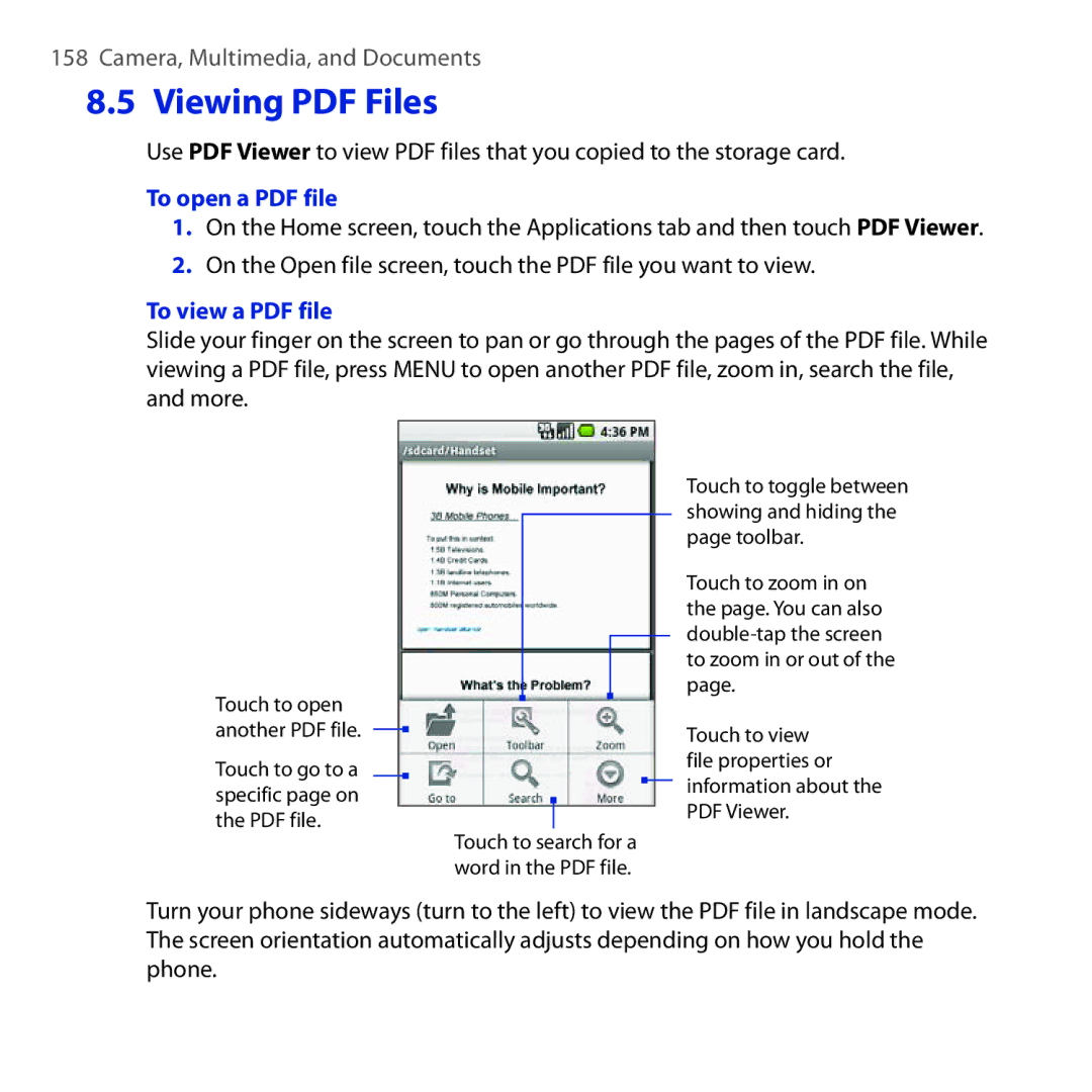 HTC DREA160 user manual Camera, Multimedia, and Documents 