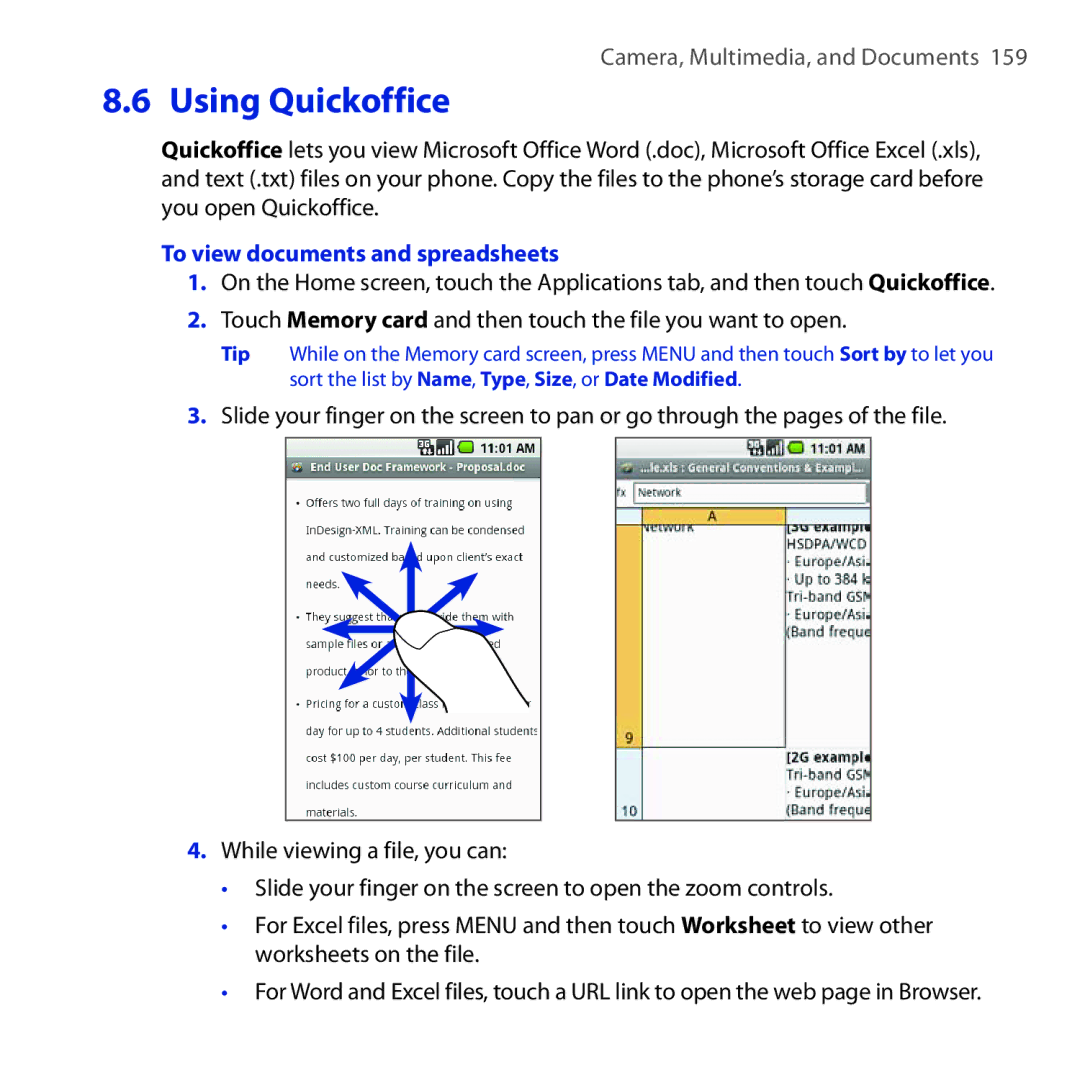 HTC DREA160 user manual Using Quickoffice, To view documents and spreadsheets 