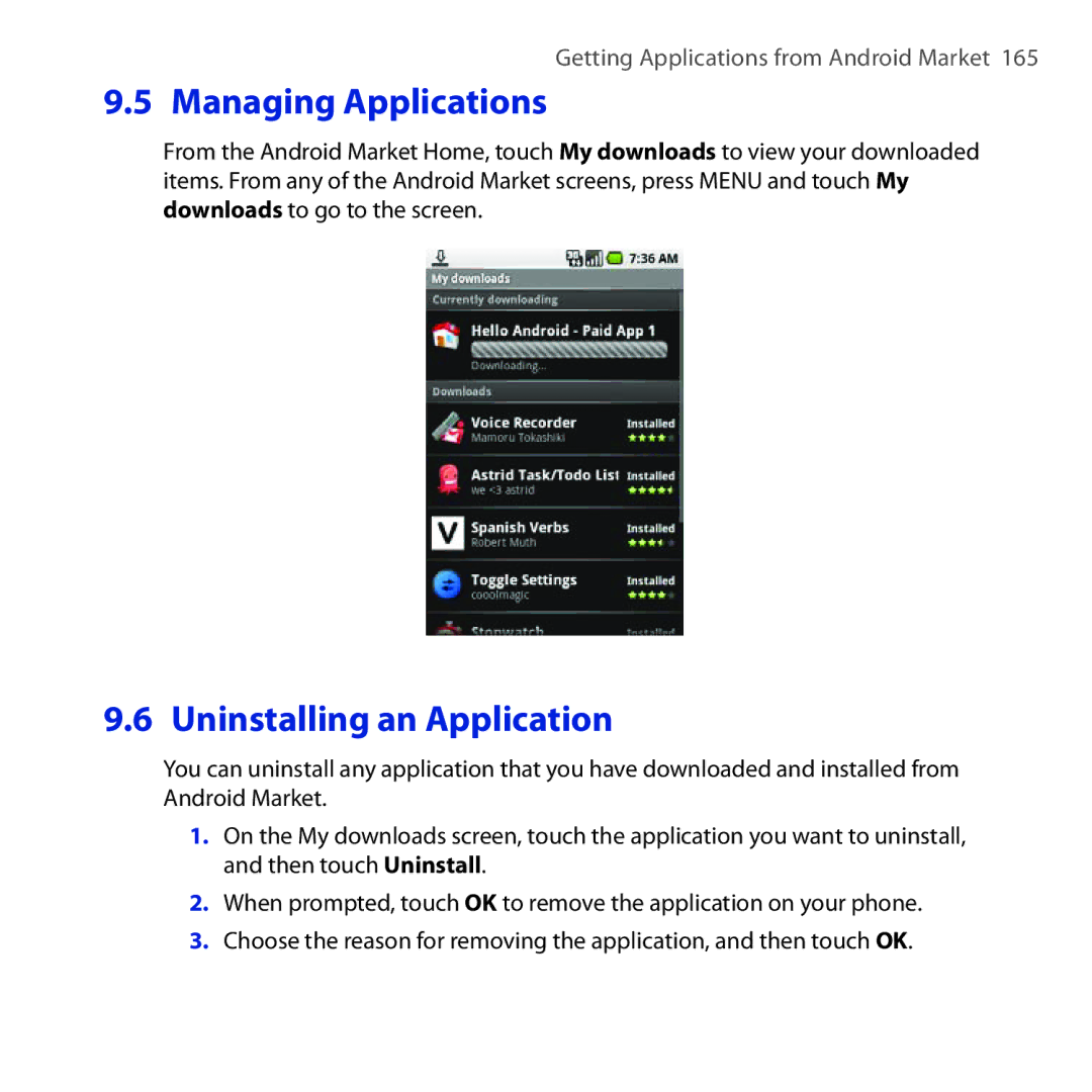 HTC DREA160 user manual Managing Applications, Uninstalling an Application 