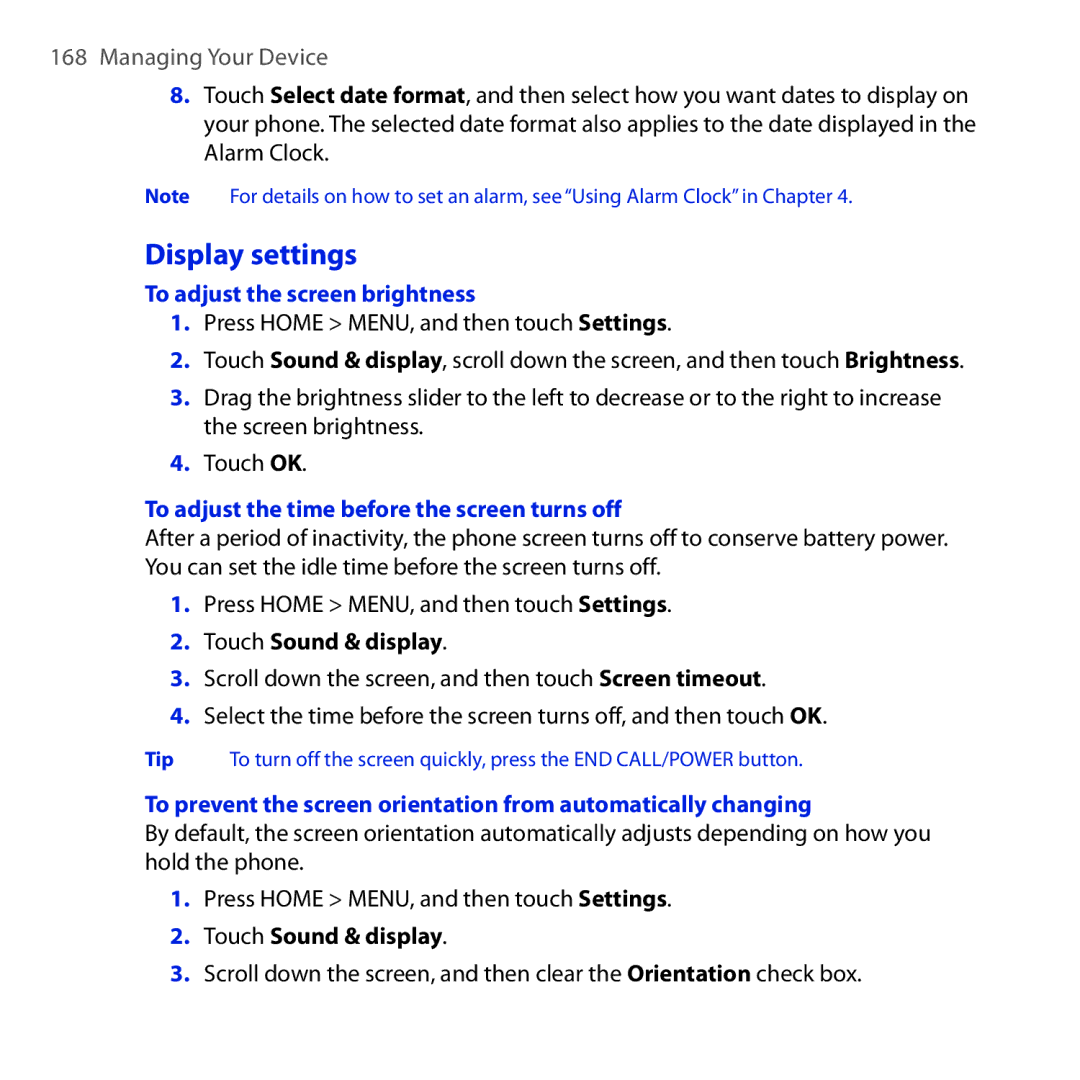 HTC DREA160 user manual Display settings, To adjust the screen brightness, To adjust the time before the screen turns off 