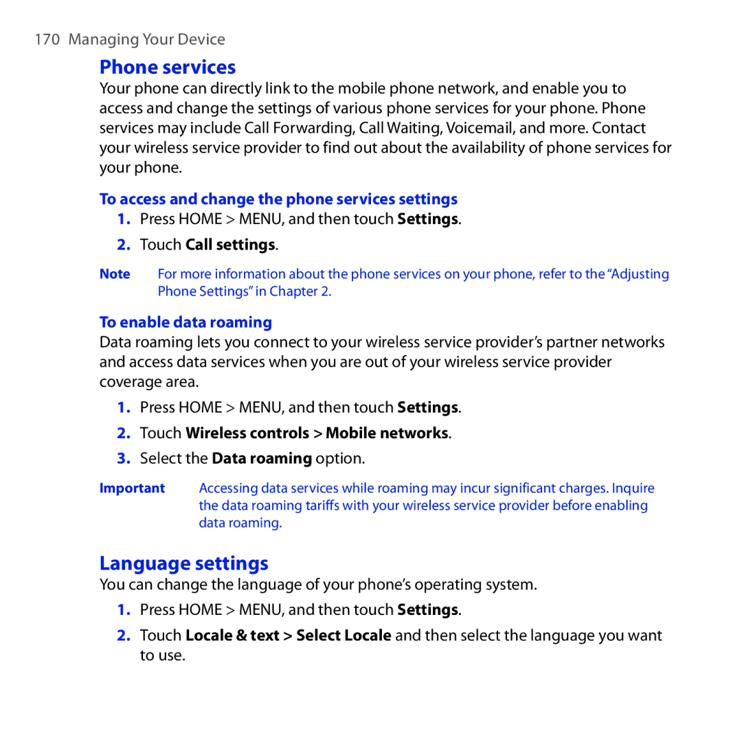 HTC DREA160 Phone services, Language settings, To access and change the phone services settings, To enable data roaming 