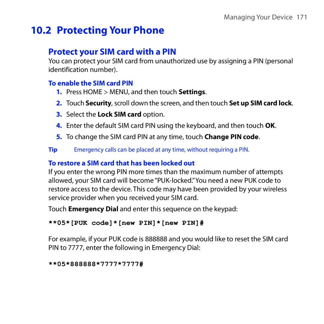 HTC DREA160 user manual Protecting Your Phone, Protect your SIM card with a PIN, To enable the SIM card PIN 