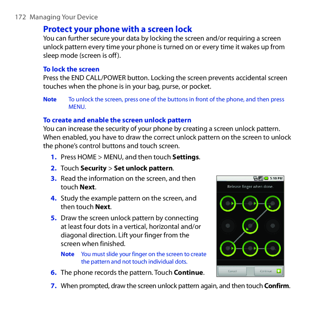 HTC DREA160 Protect your phone with a screen lock, To lock the screen, To create and enable the screen unlock pattern 