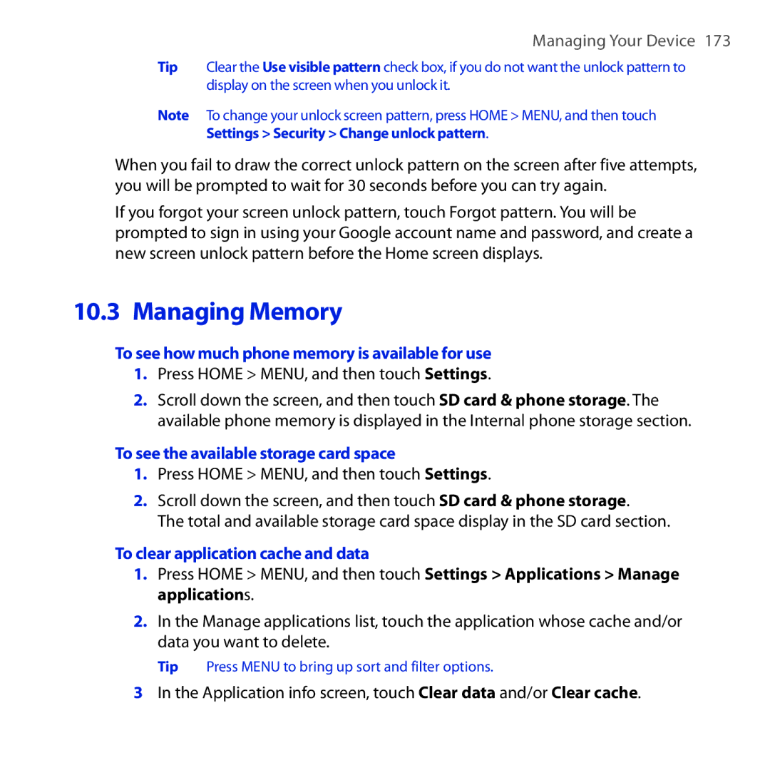 HTC DREA160 Managing Memory, To see how much phone memory is available for use, To see the available storage card space 