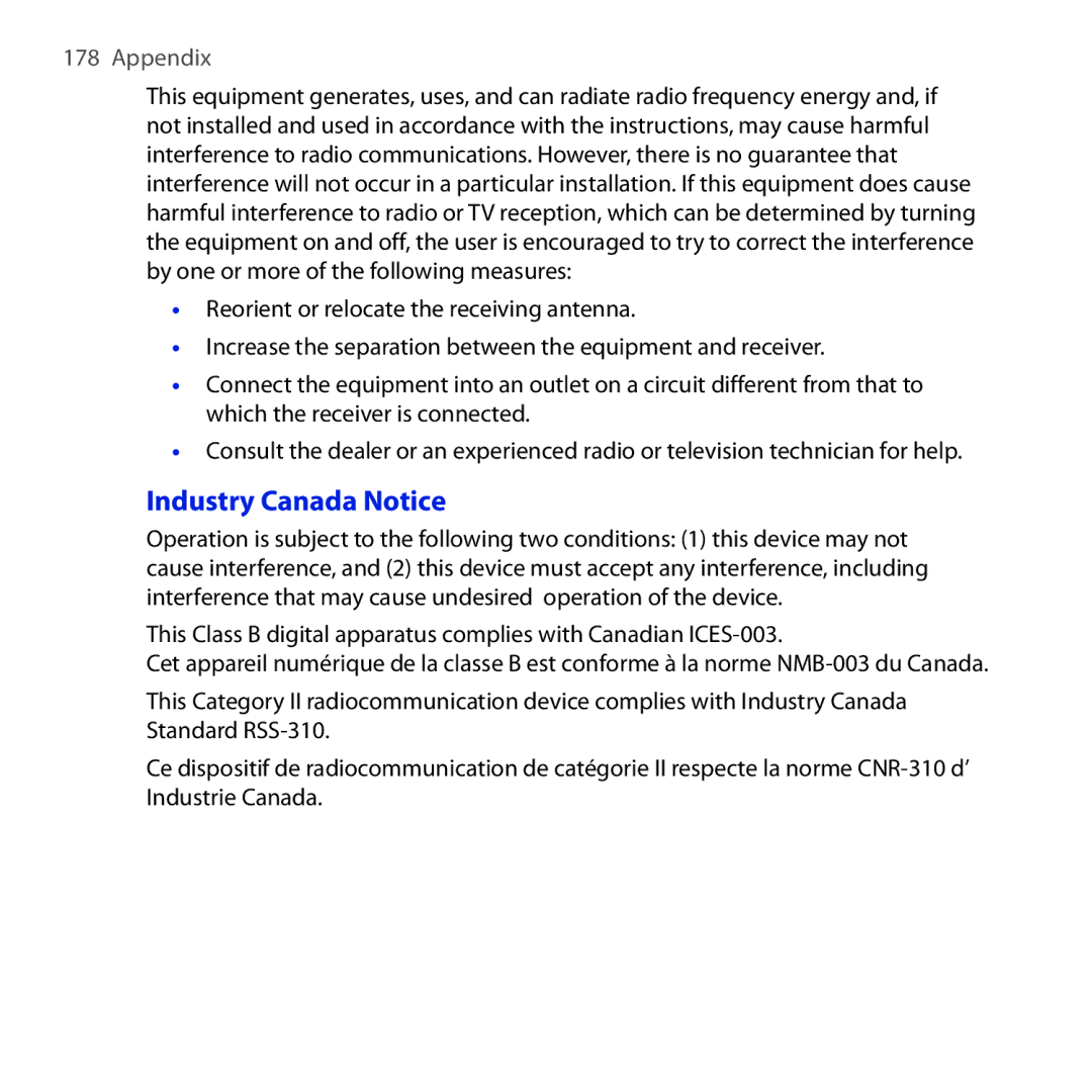 HTC DREA160 user manual Industry Canada Notice, Appendix 