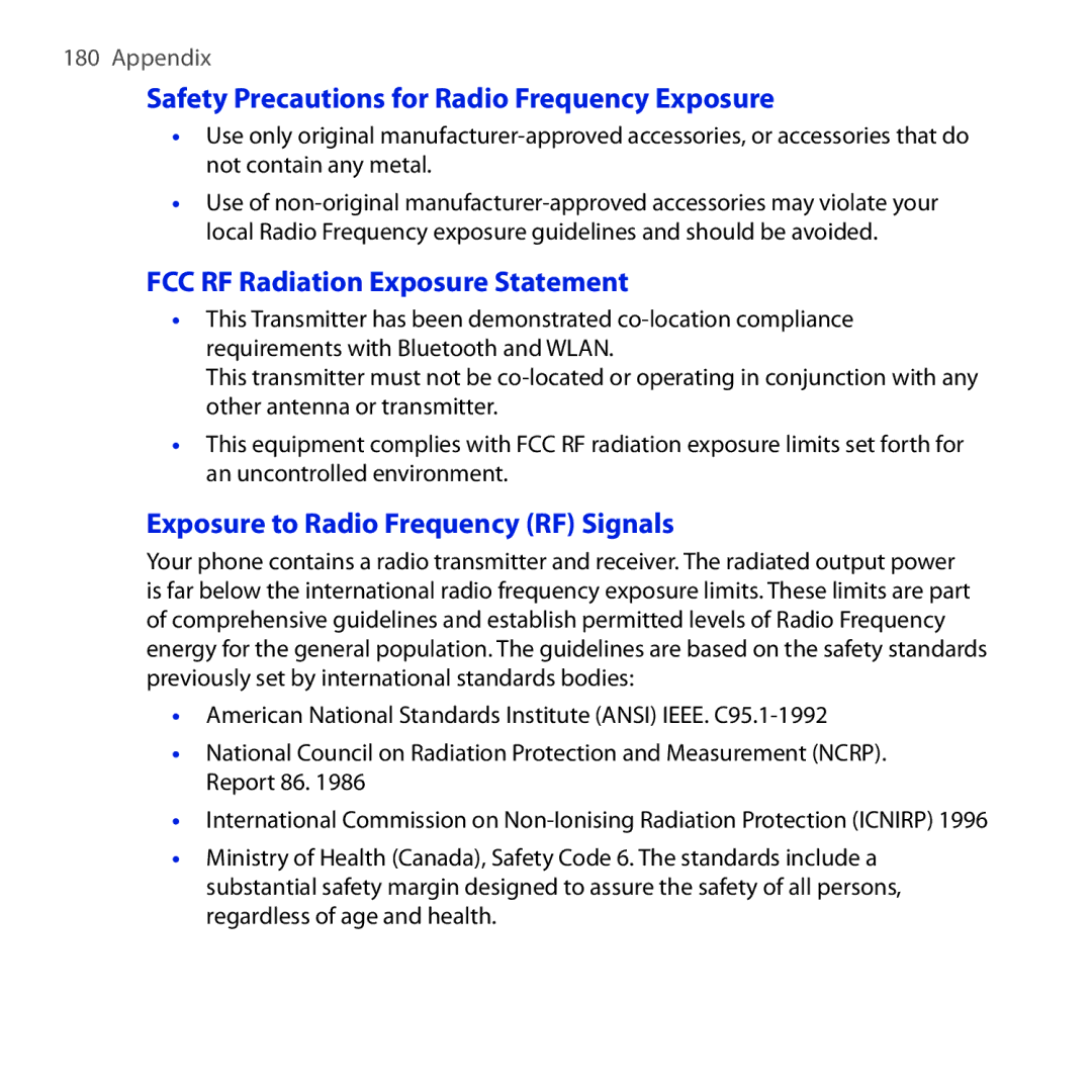 HTC DREA160 user manual Safety Precautions for Radio Frequency Exposure, FCC RF Radiation Exposure Statement 