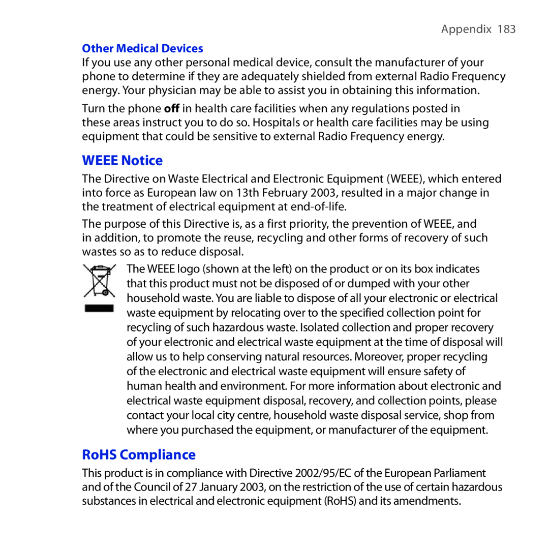 HTC DREA160 user manual Weee Notice, RoHS Compliance, Other Medical Devices 