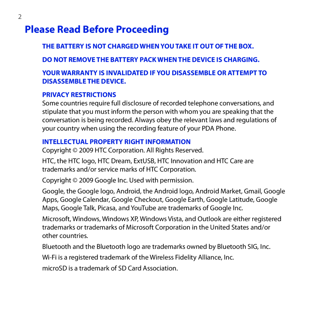 HTC DREA160 user manual Please Read Before Proceeding, MicroSD is a trademark of SD Card Association 