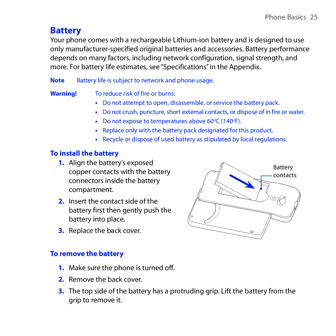 HTC DREA160 user manual Battery, To install the battery, To remove the battery 