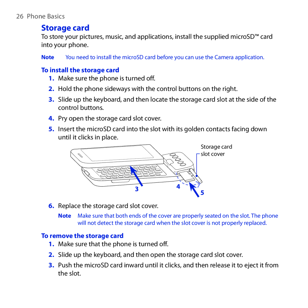 HTC DREA160 Storage card, To install the storage card, Replace the storage card slot cover, To remove the storage card 