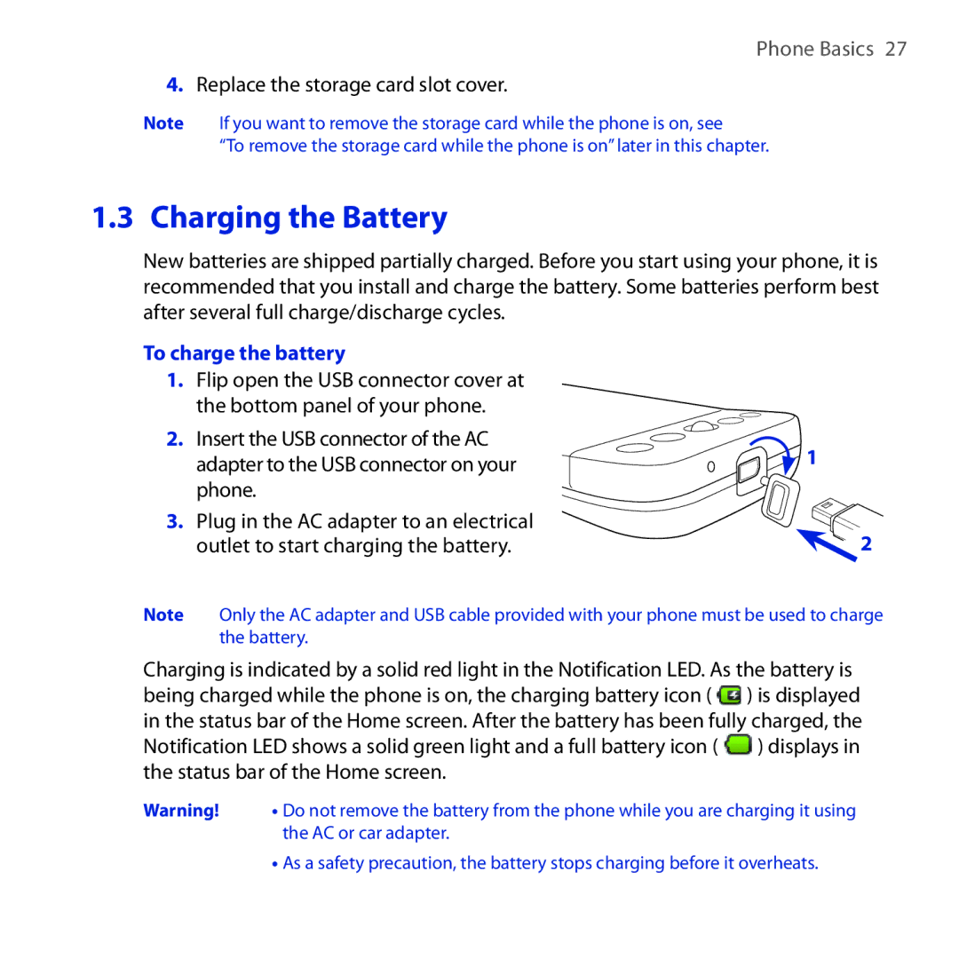 HTC DREA160 user manual Charging the Battery, To charge the battery 