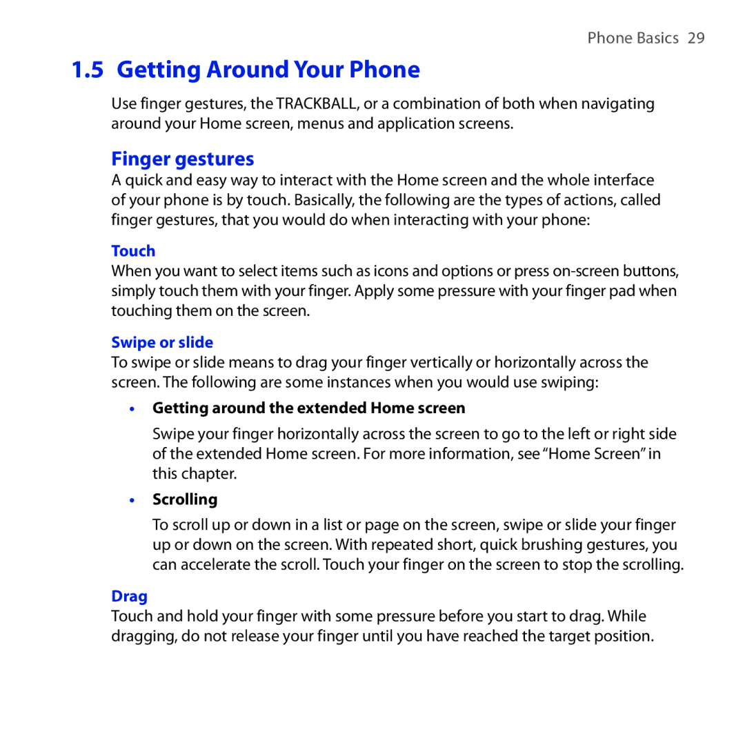 HTC DREA160 user manual Getting Around Your Phone, Finger gestures, Touch, Swipe or slide, Drag 