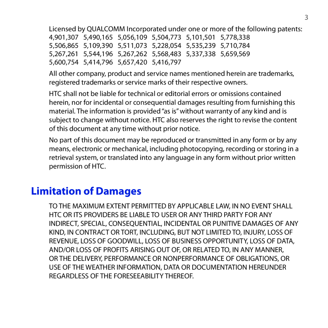 HTC DREA160 user manual Limitation of Damages 